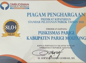 Puskesmas Parigi Raih Penghargaan Dari Ombudsman RI